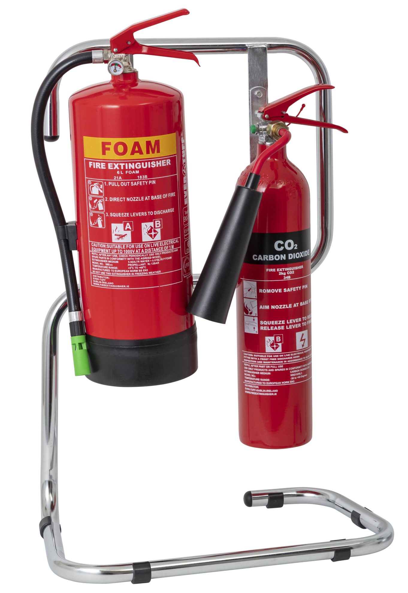 Double chrome extinguisher stand with extinguishers